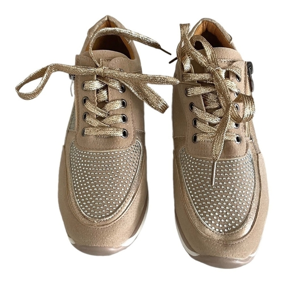 New Metallic Gold Tan White Zip Up Lace Up Bandage Trainers Women’s Size 6 - Picture 5 of 9